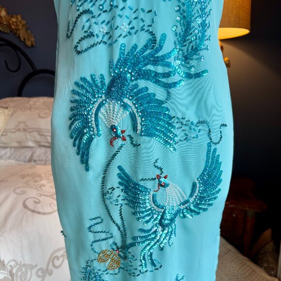Gorgeous Turquoise Handmade Rhinestone Beaded Crystal Cheongsam Qipao Dress - Picture 8 of 16